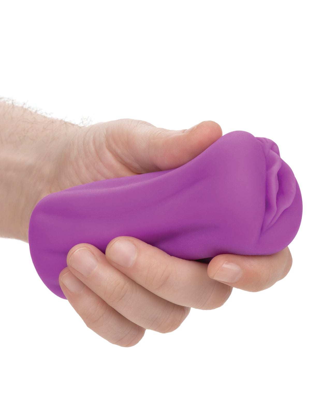 Purple Anime Stroker Roxy masturbator held in hand, soft and stretchy realistic pleasure device