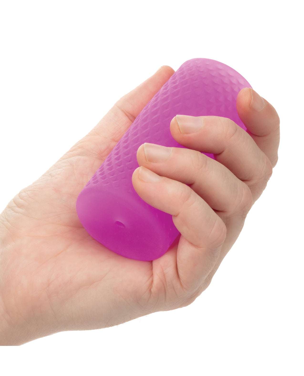 Hand holding a purple Pop Sock Beaded Stroker designed for enhanced pleasure with soft, stretchy, beaded texture.