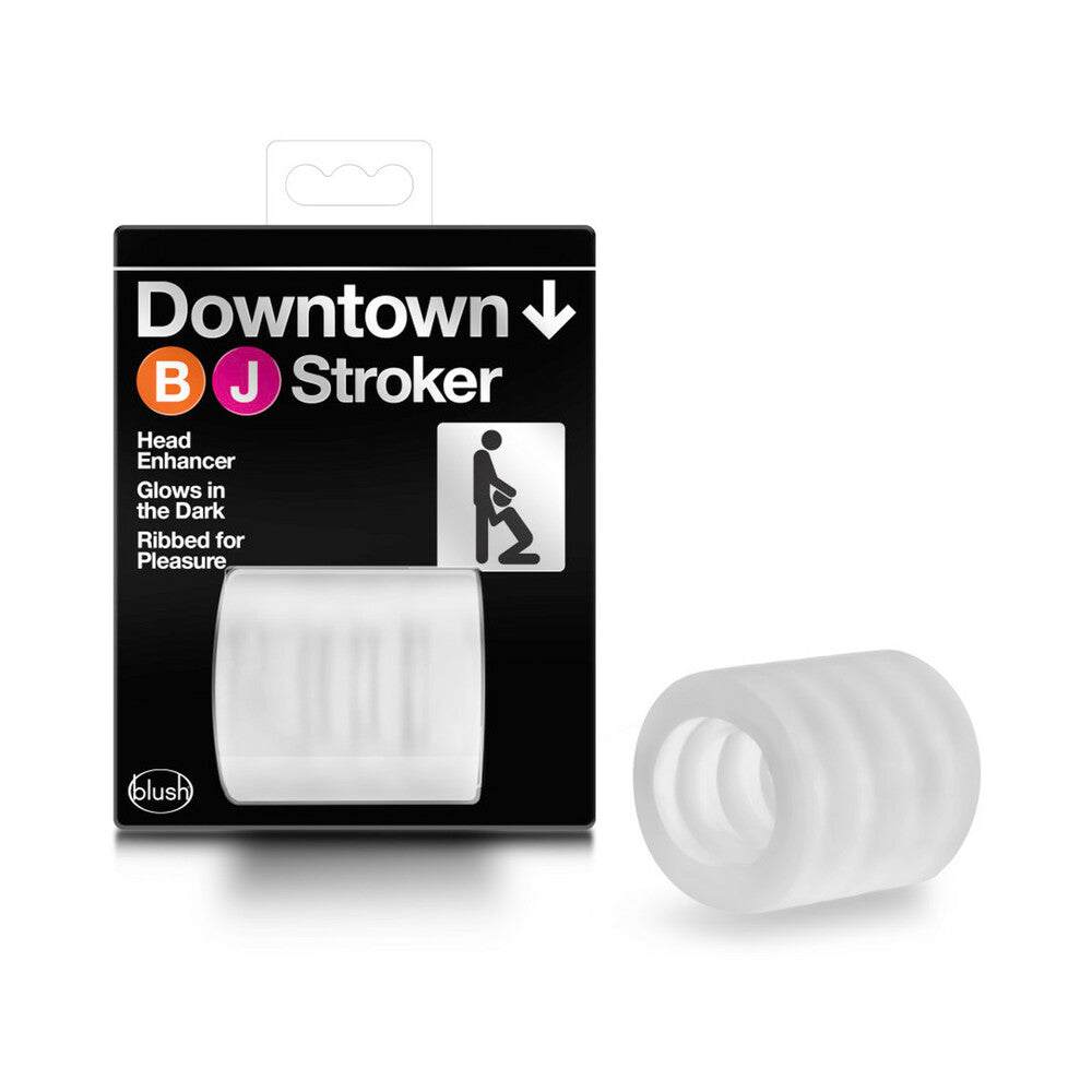 Clear X5 Men Downtown BJ Stroker oral enhancer with ribbed texture and glow-in-the-dark feature in packaging and out of box