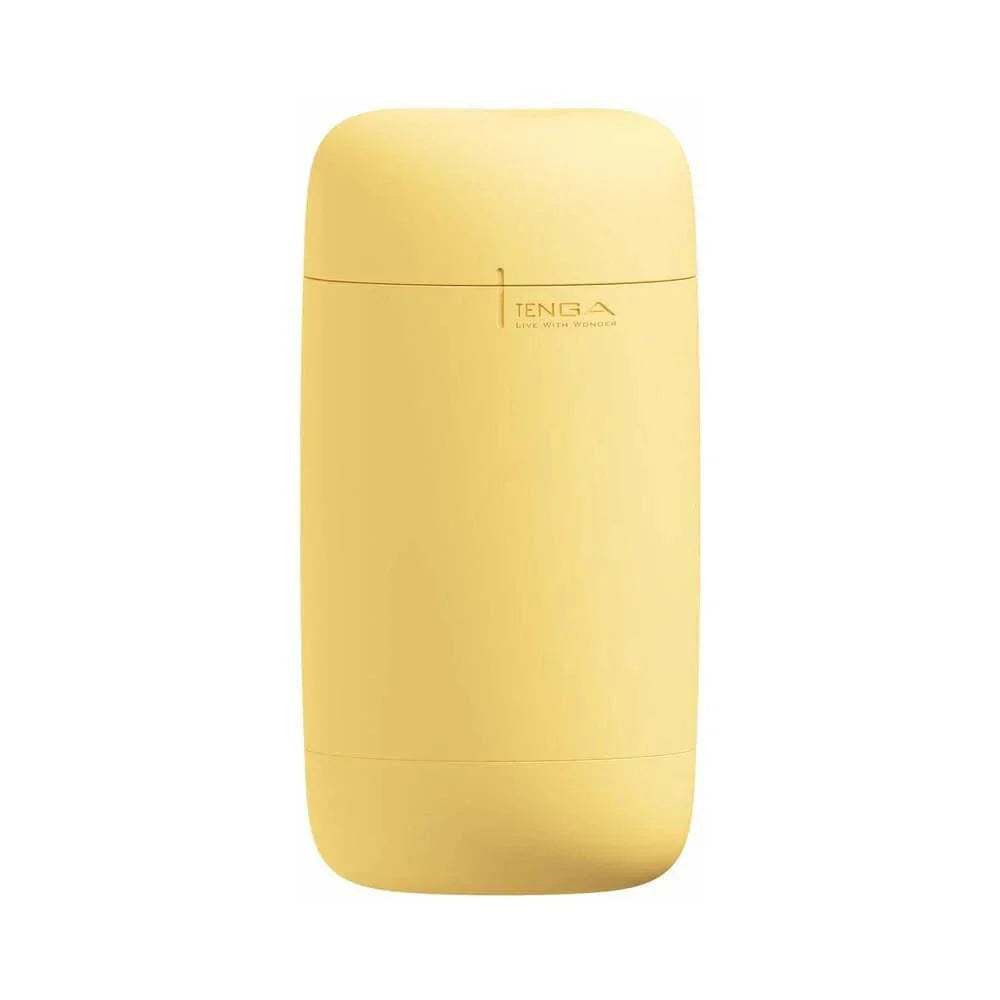 Tenga Puffy Stroker in custard yellow with soft, thick spiral ribs and waterproof design for a luxurious, easy-to-clean experience