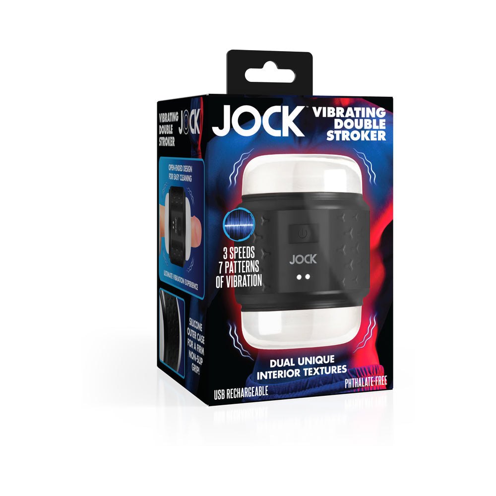 JOCK Vibrating Double Stroker with adjustable tightness, dual textures, 3 speeds, 7 vibration patterns, USB rechargeable, phthalate-free design.