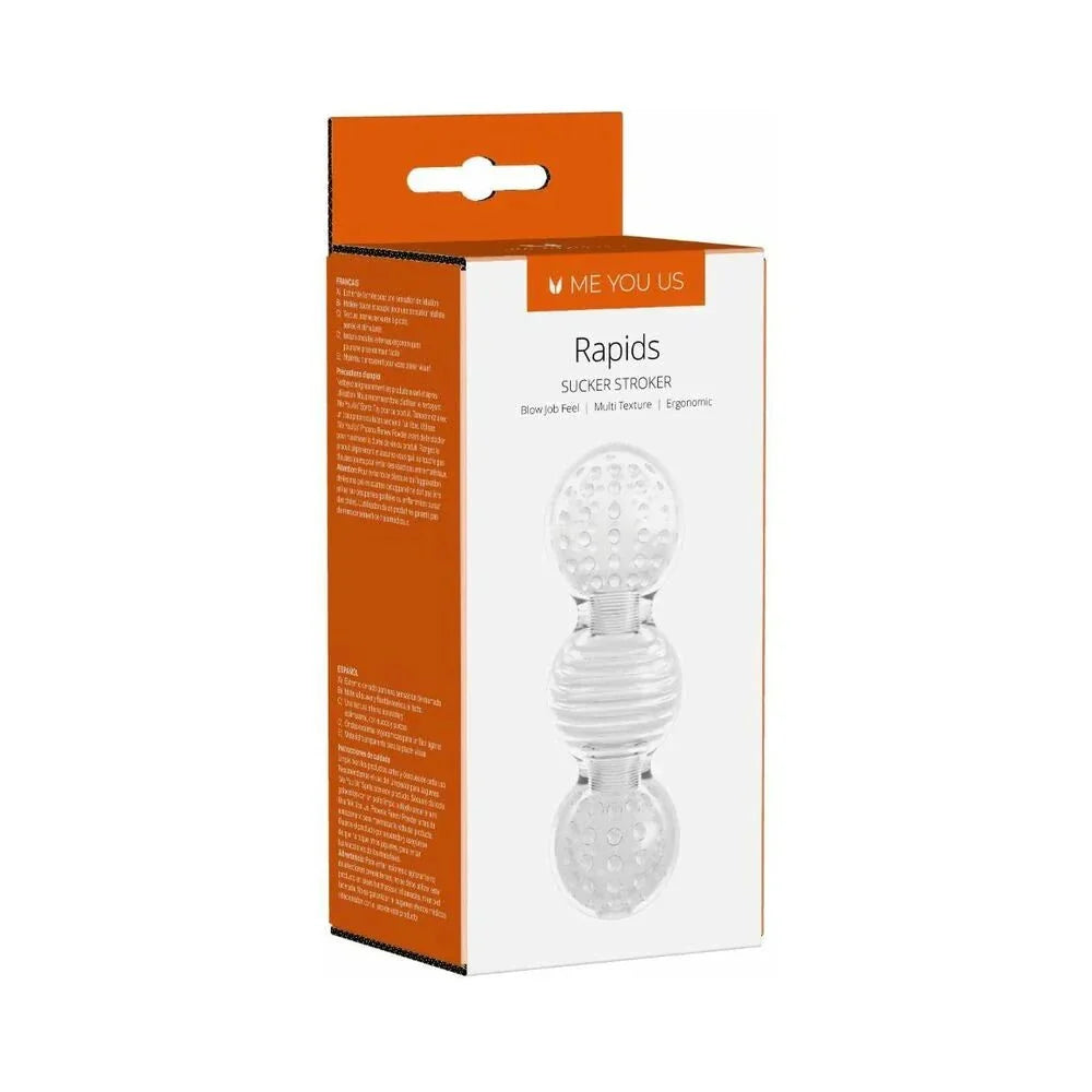 Me You Us Rapids Sucker Stroker transparent male masturbator with textured triple globe design for intense stimulation