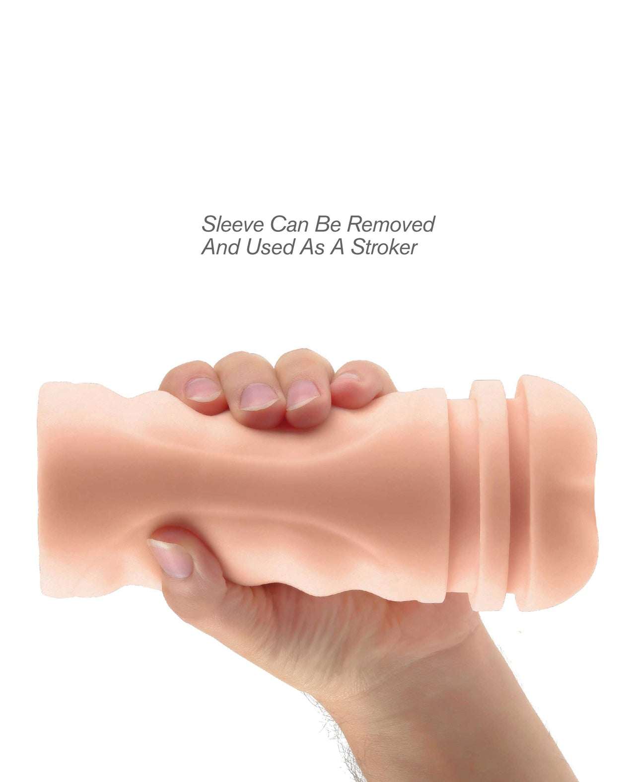Hand holding a Mega Grip Vibrating Stroker with a removable soft Fanta Flesh sleeve for realistic stimulation and grip control