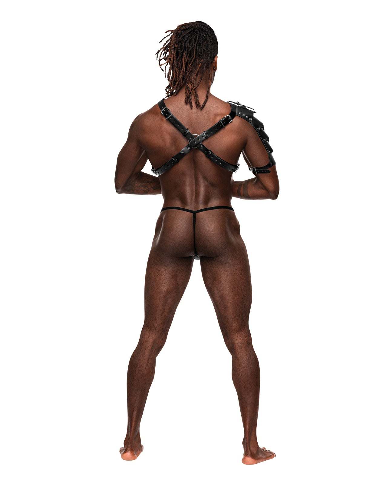 Back view of a man wearing Aquarius PU Leather black chest harness with half sleeve and adjustable buckled straps