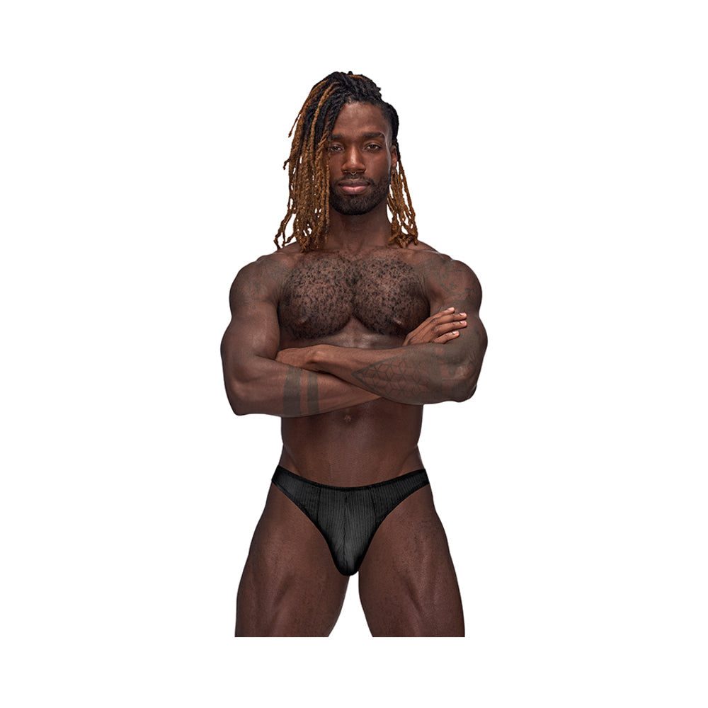 Male model wearing Male Power Barely There Moonshine black jock brief with low-cut waist and contoured pouch.