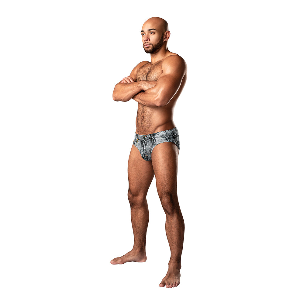 Male model wearing Male Power Dirty Denim Bikini with denim print and faux zipper design