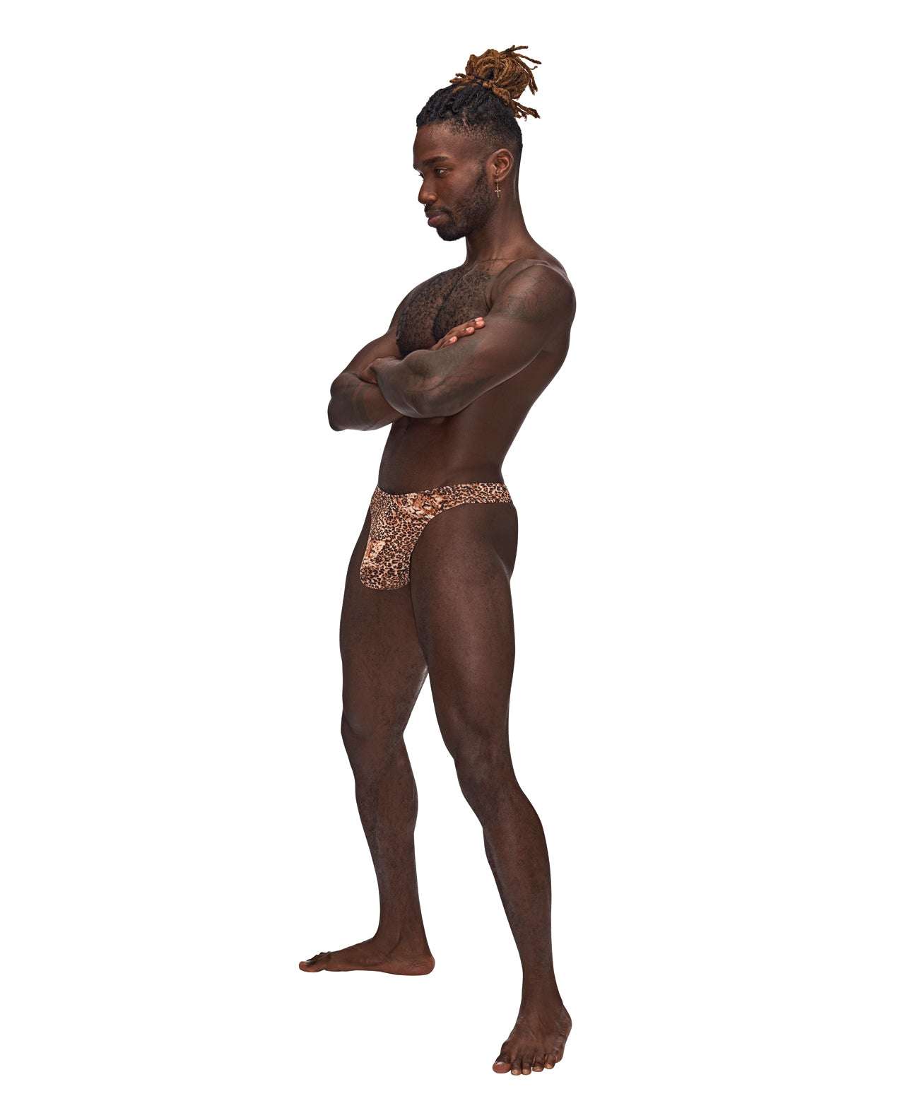 Male model wearing Male Power Wonder Thong animal print in size L/XL, showing confident side pose