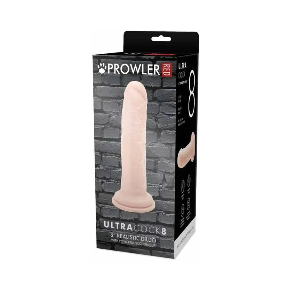 Prowler RED Ultra Cock 8-inch realistic vanilla-colored dildo with suction cup base in packaging