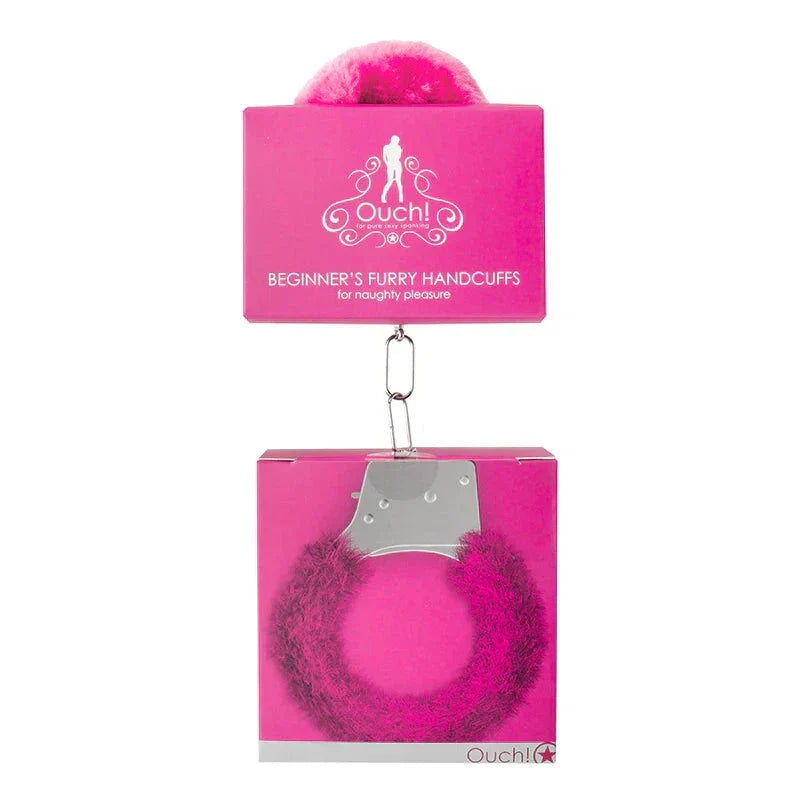 Pink Ouch Beginner's Furry Handcuffs with soft faux fur and quick-release for comfortable beginner bondage play
