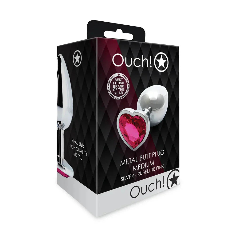 Ouch! Heart Gem Butt Plug Medium Silver/Rubellite Pink by Anal Toys & Stimulators