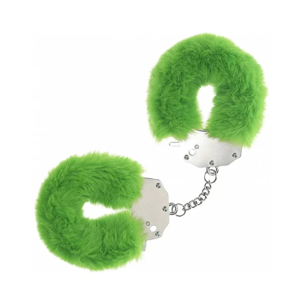 Heavy-duty fluffy handcuffs with soft green fur and durable metal construction for secure and comfortable restraint.