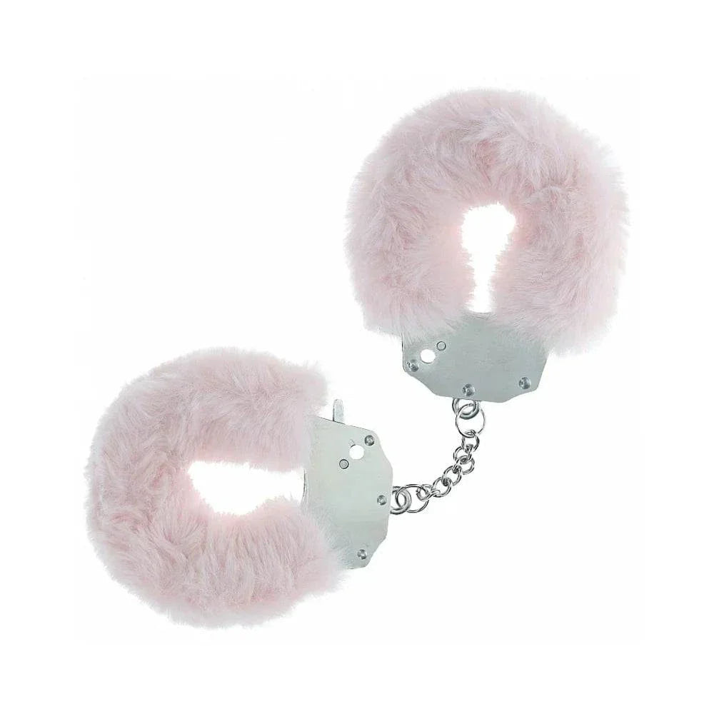 Light pink heavy-duty fluffy handcuffs with soft acrylic fur and metal chain restraints for play and comfort