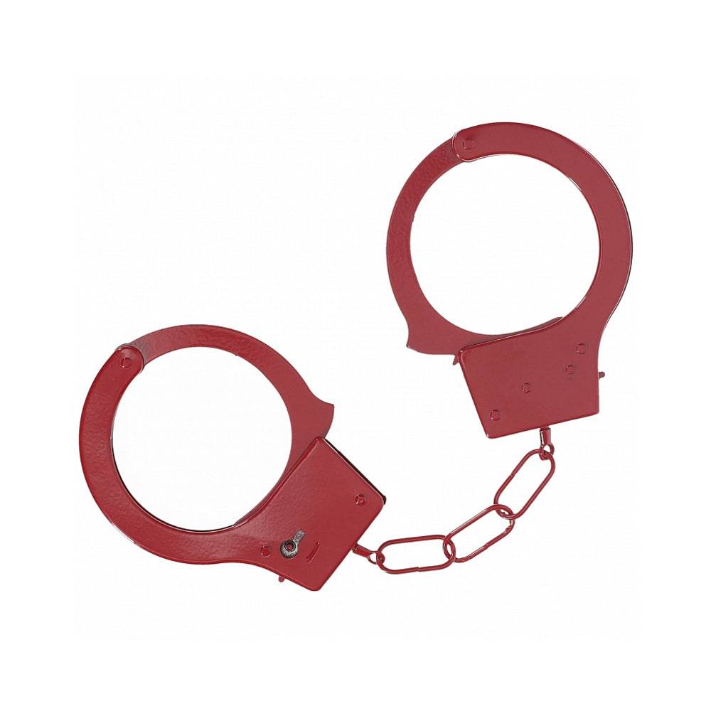 Red classic metal handcuffs with chain, durable and stylish restraints for play and security