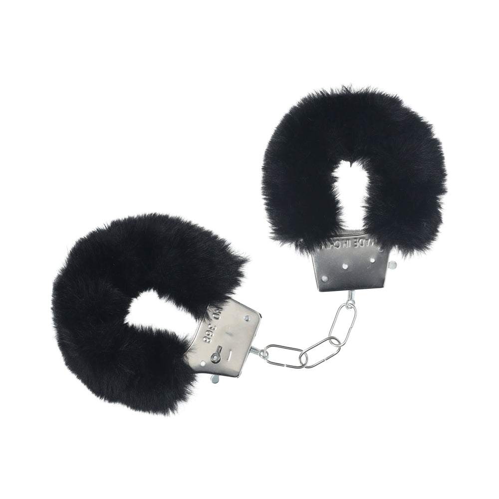 Ouch! Classic fluffy black handcuffs with soft fur lining, durable metal locks, and a connecting chain for comfortable and secure playful restraint.