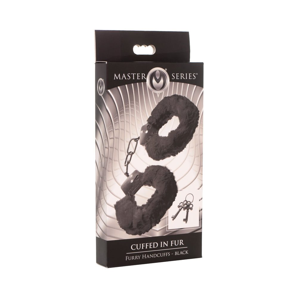 Master Series Cuffed in Fur furry black handcuffs with soft faux fur lining and metal core in packaging