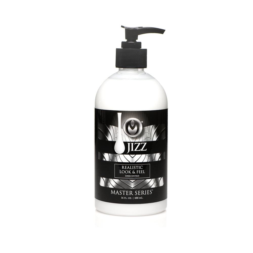 Master Series Unscented Water-Based Jizz Lubricant 16 oz bottle with black pump dispenser and label showing realistic look and feel text