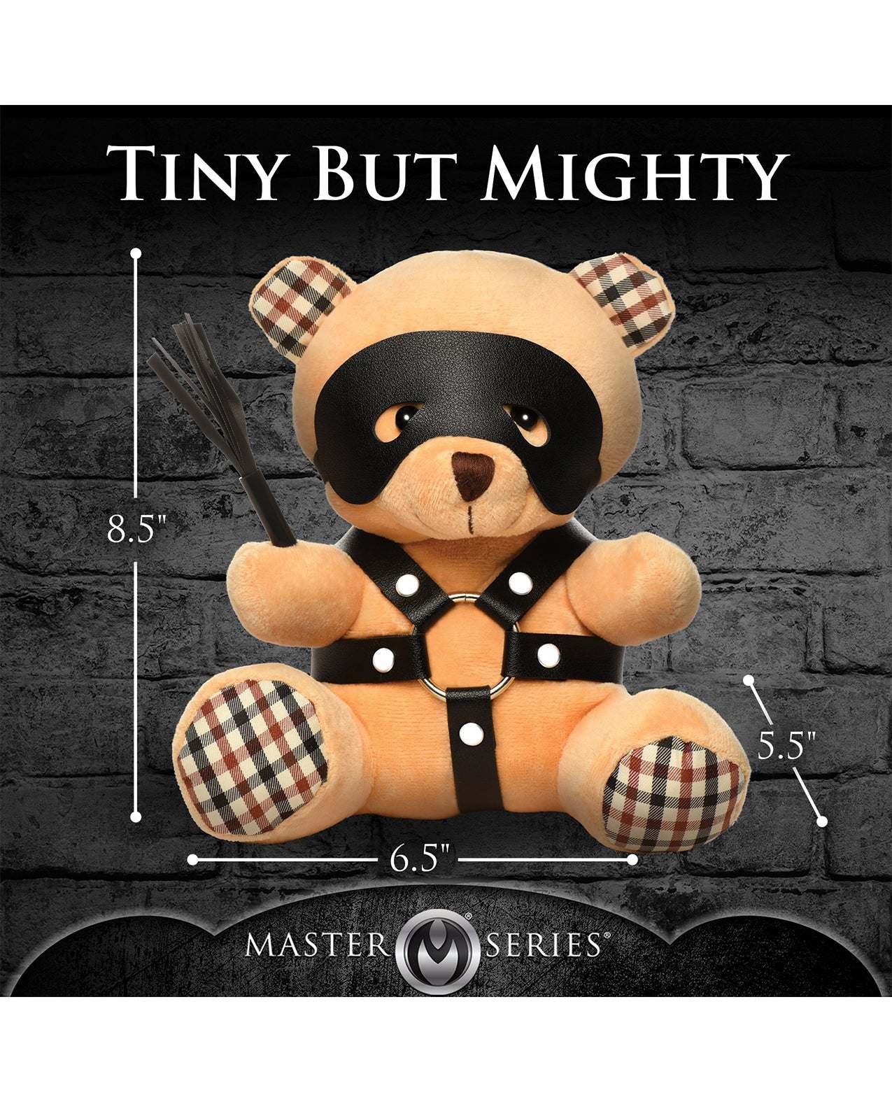 Master Series BDSM Teddy Bear Plush with soft peach fur, faux leather harness, metal O-rings, removable eye mask, and mini flogger for playful kink.