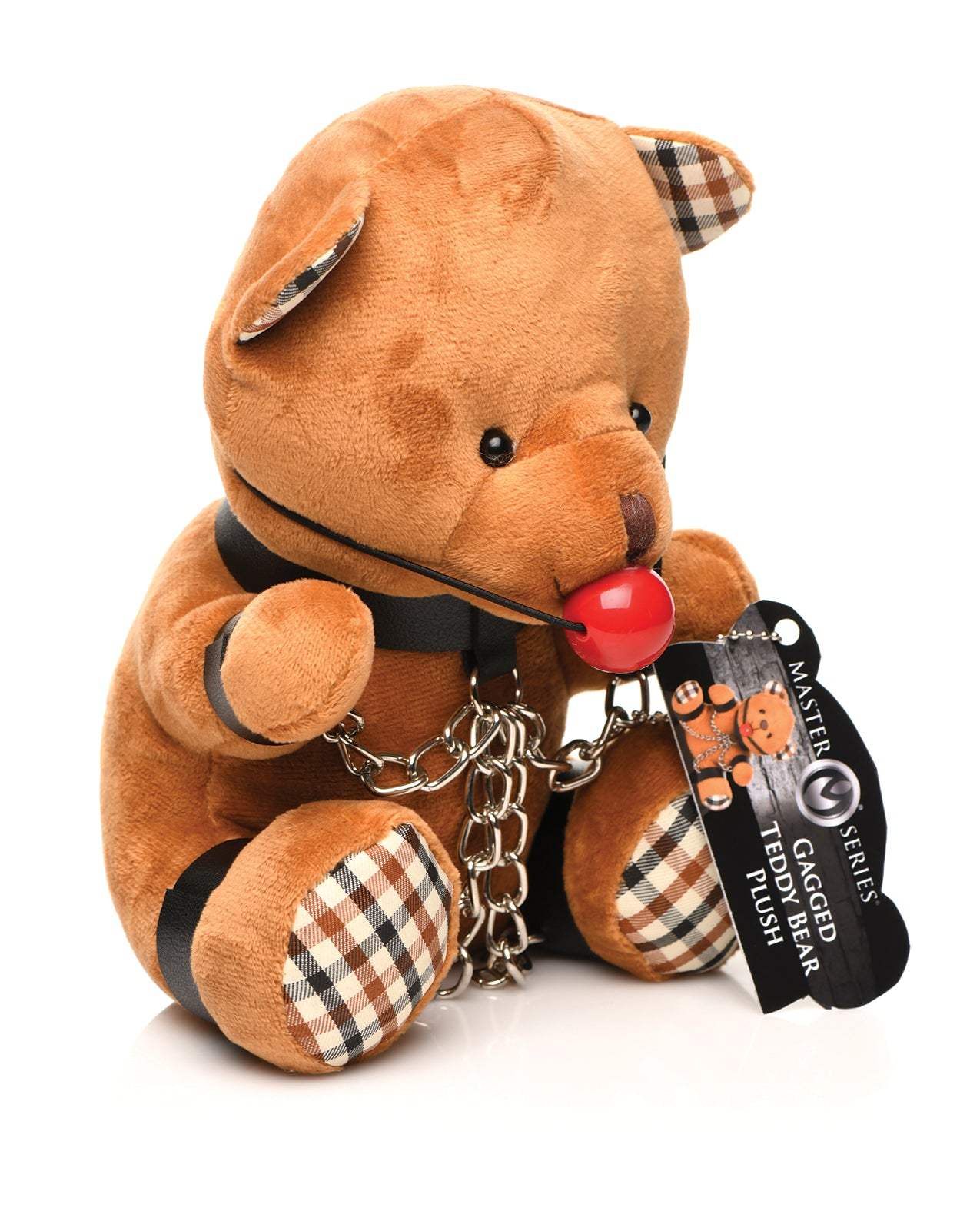 Master Series Gagged Teddy Bear Plush with collar, cuffs, chains, and red ball gag, soft brown cuddly toy with plaid accents