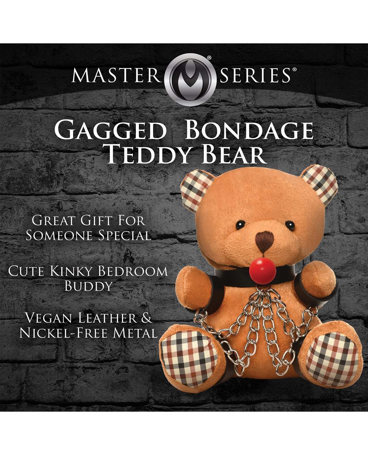 Master Series Gagged Teddy Bear Plush with vegan leather, nickel-free chains, and bondage-themed design for playful gifting and decor