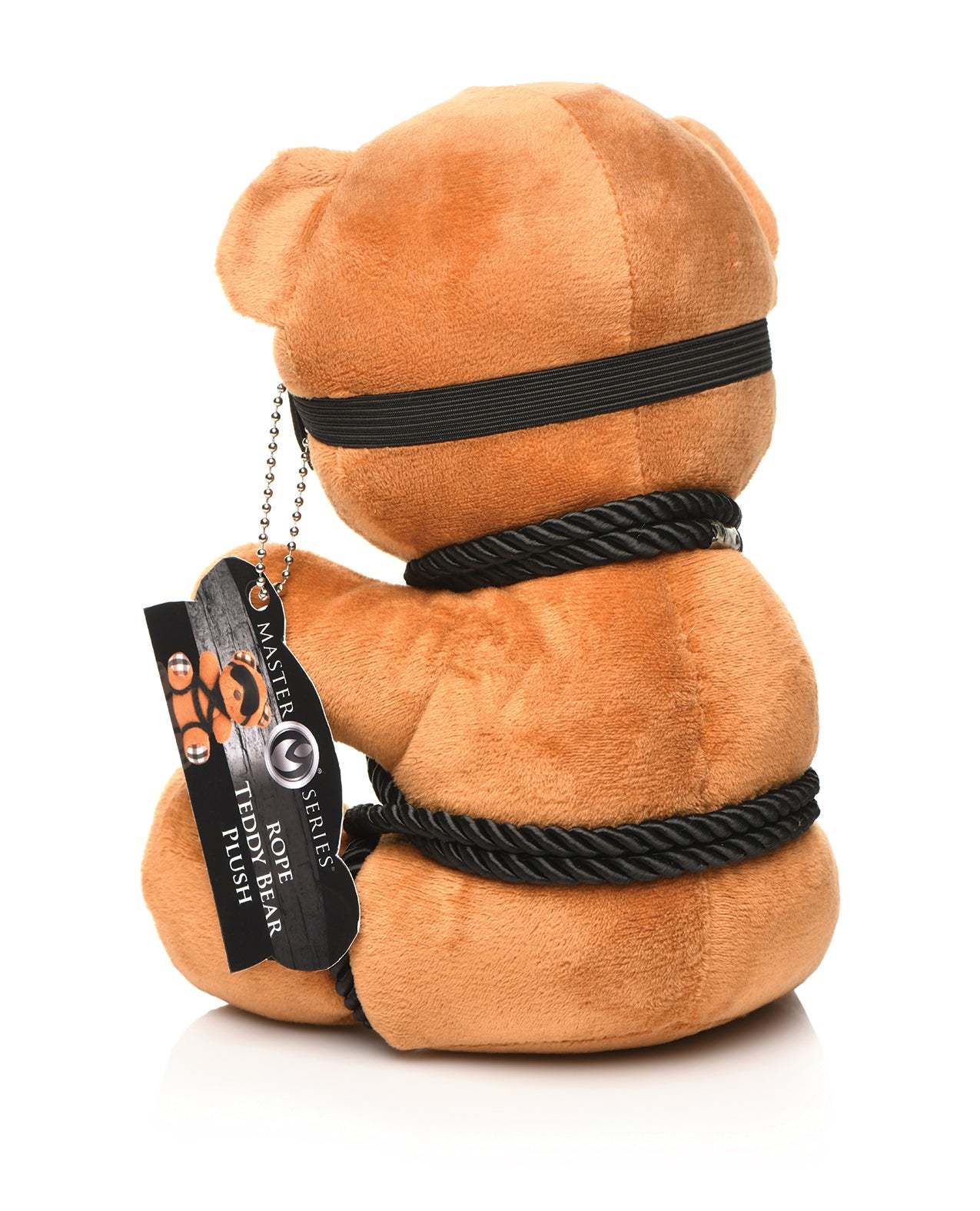 Master Series Rope Teddy Bear plush toy bound in black silky rope with blindfold, soft brown fabric and compact size.