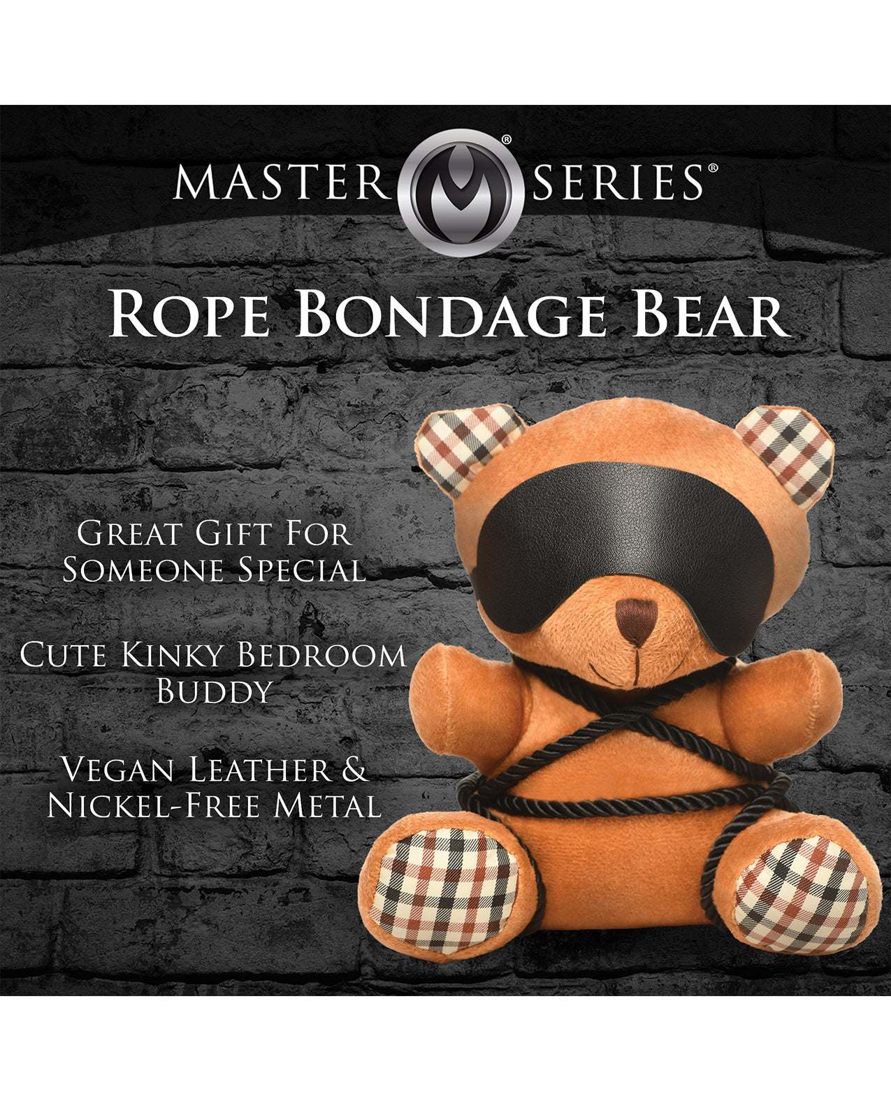 Master Series Rope Teddy Bear plush with blindfold and rope bondage design, vegan leather and nickel-free metal accents, cute kinky bedroom gift
