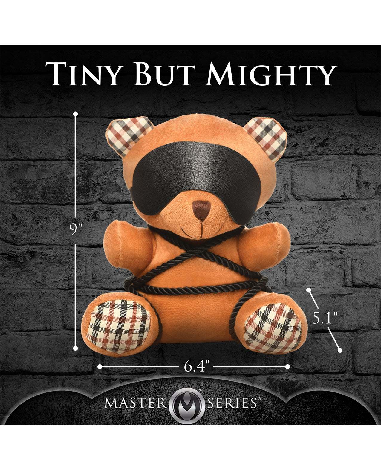 Master Series Rope Teddy Bear plush with blindfold and silky rope, measuring 9 x 6.4 x 5.1 inches, soft and detailed bondage-themed teddy bear.