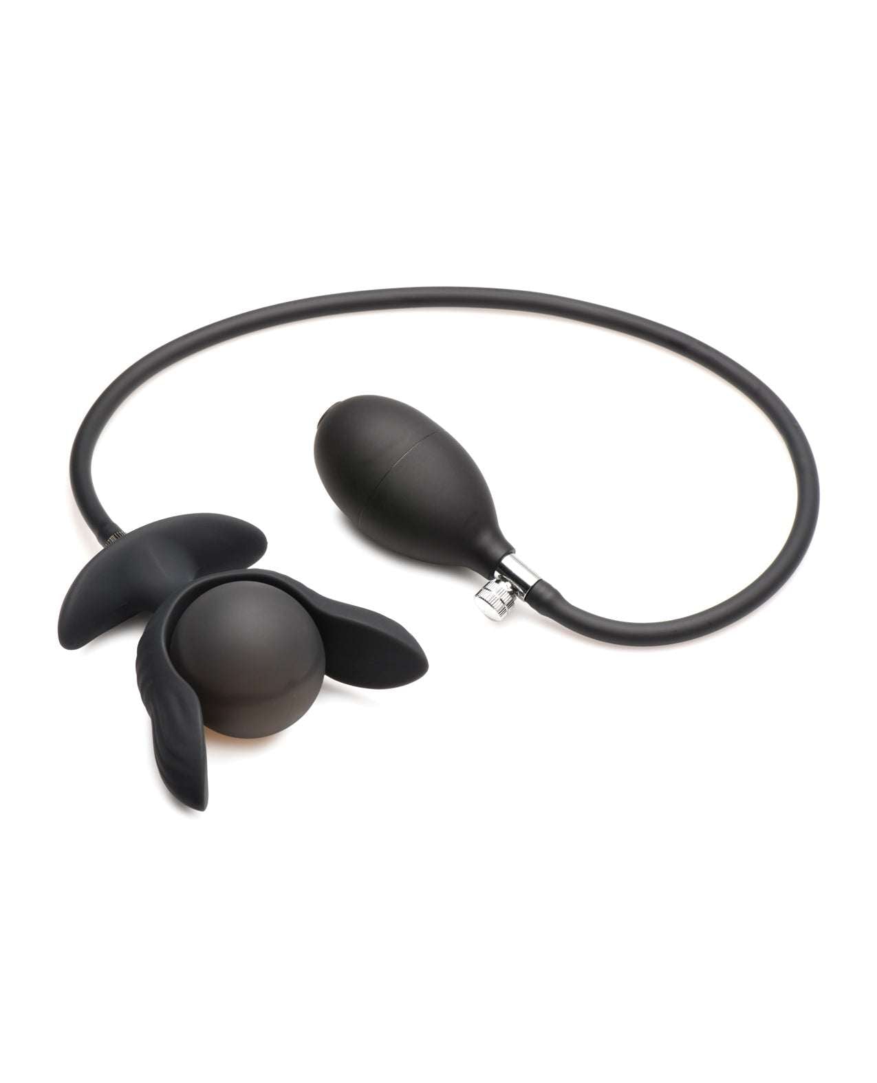 Black inflatable vibrating butt plug with remote control and hand pump for adjustable size and sensation