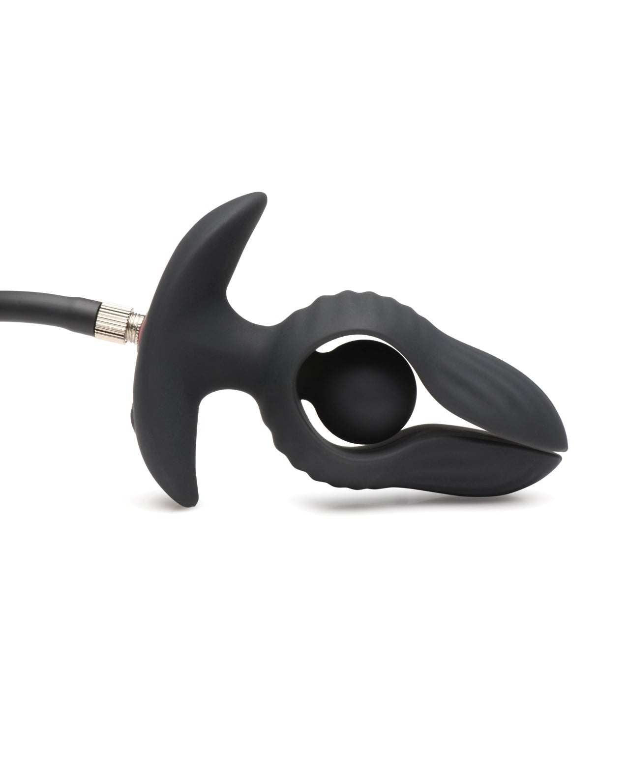 Black inflatable vibrating butt plug with remote control and ribbed silicone design.