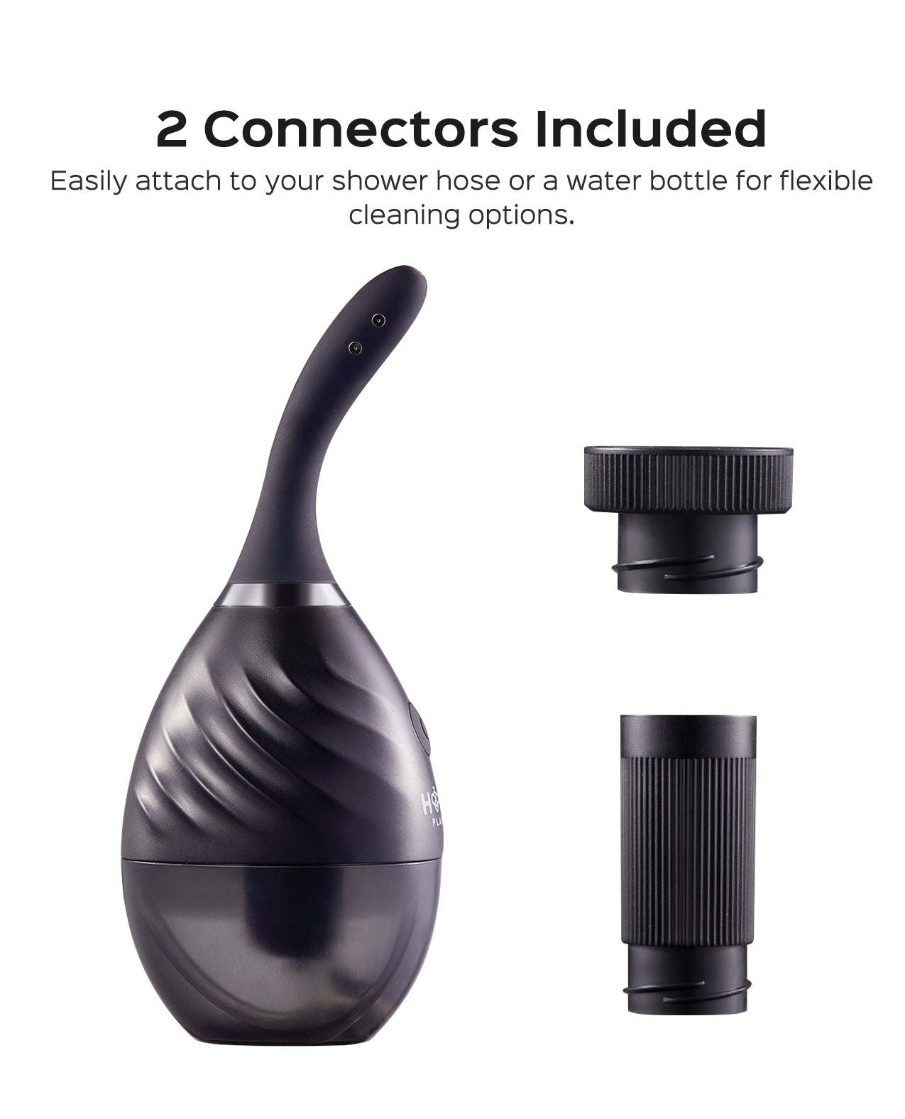 Bulby Auto Spray anal douche system in black with curved nozzle and two connectors for shower hose or water bottle attachment