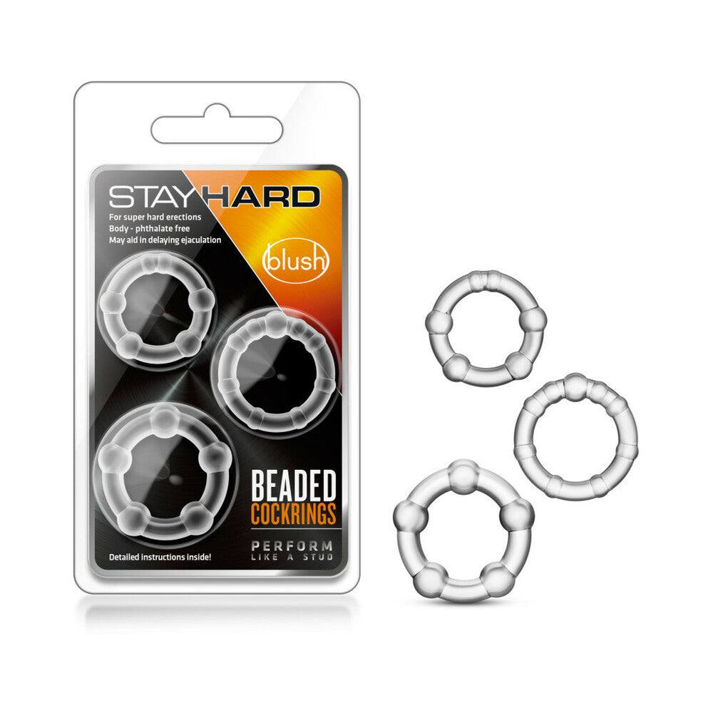 Clear Stay Hard Beaded Cockrings 3-piece set made of stretchy body-safe TPE for enhanced erections and prolonged pleasure