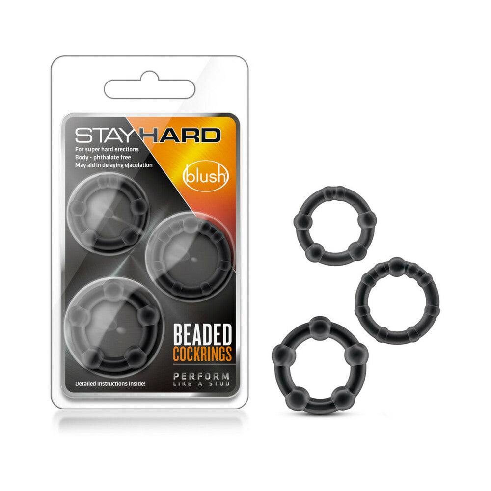 Stay Hard Beaded Cockrings 3-piece set in black, body-safe stretchy TPE with textured beads for enhanced performance and delayed ejaculation.