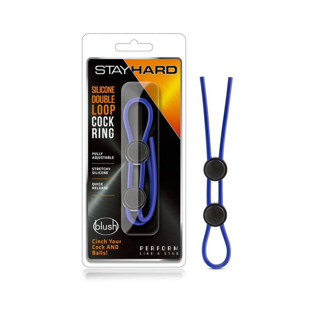 Stay Hard Silicone Double Loop Lasso Blue Cockring with adjustable quick-release locking slide