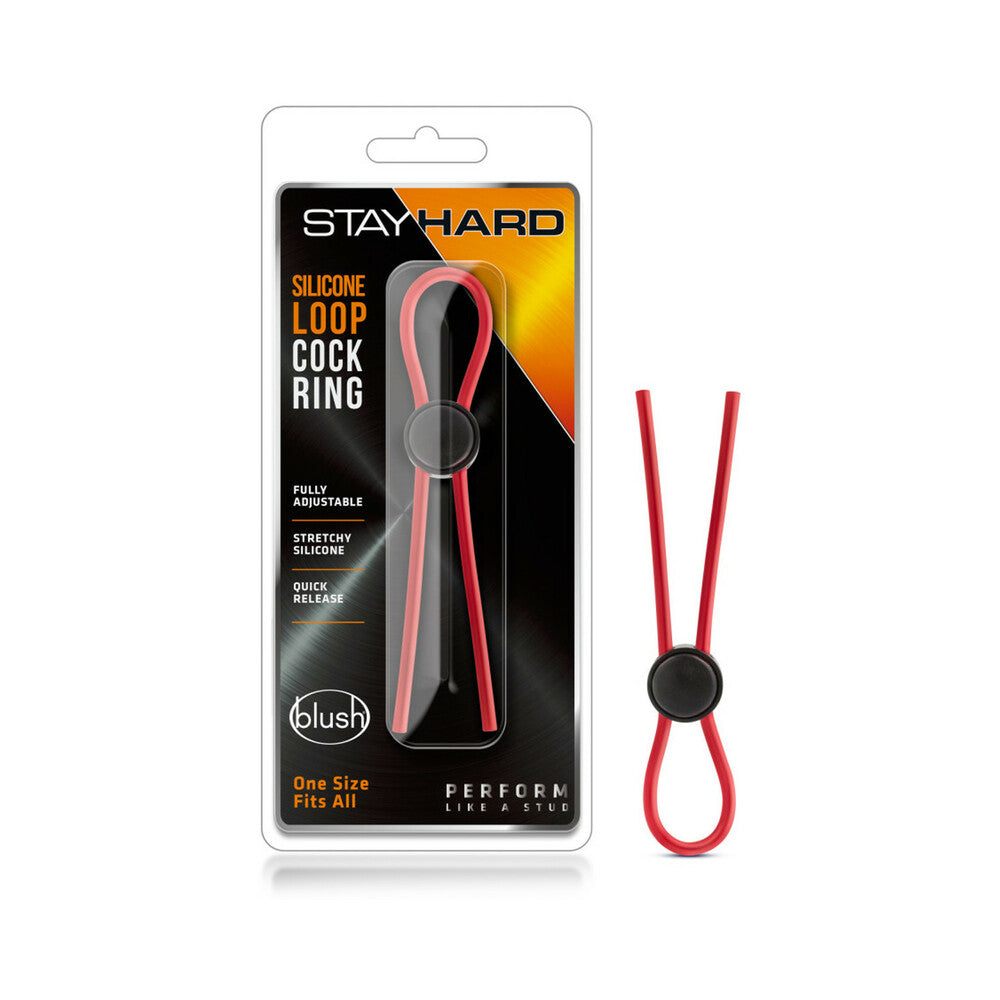 Red Stay Hard Silicone Loop adjustable cock ring with quick release and stretchy material in retail packaging
