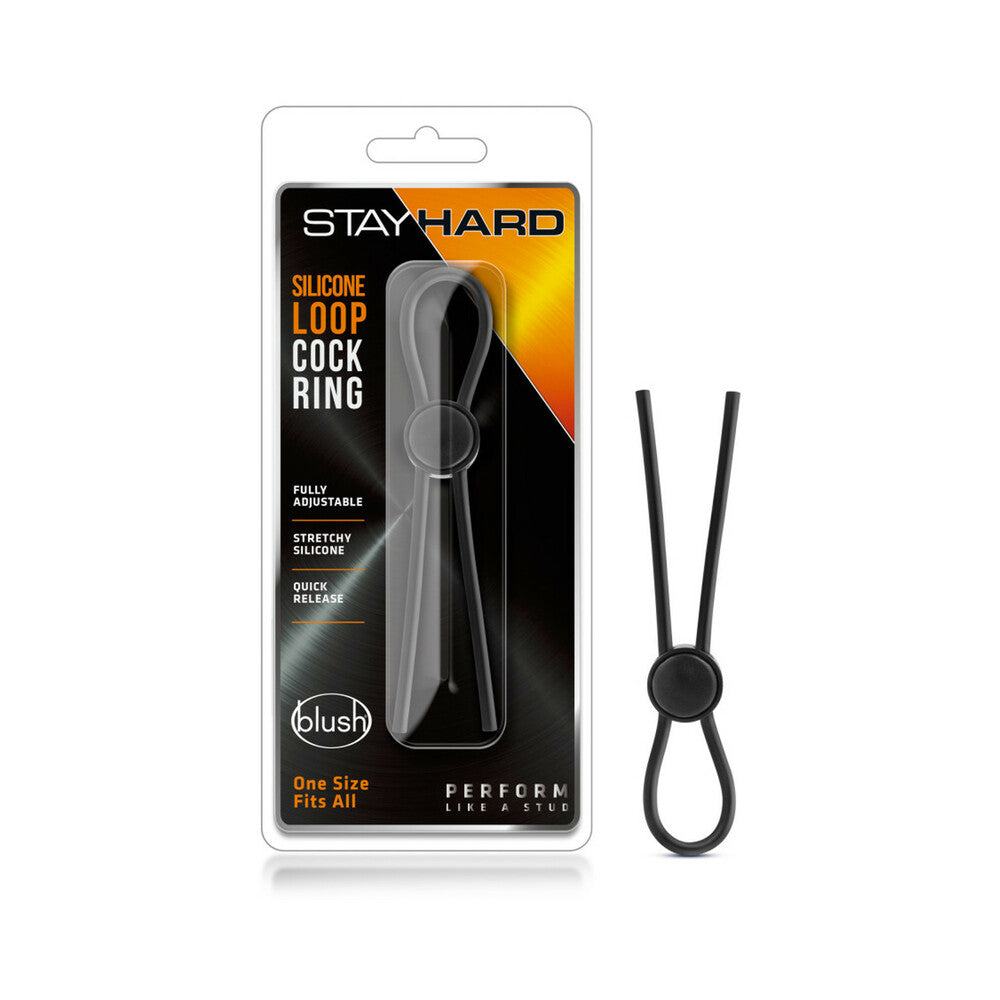 Stay Hard Silicone Loop adjustable black silicone cock ring with quick release and stretchy design in retail packaging