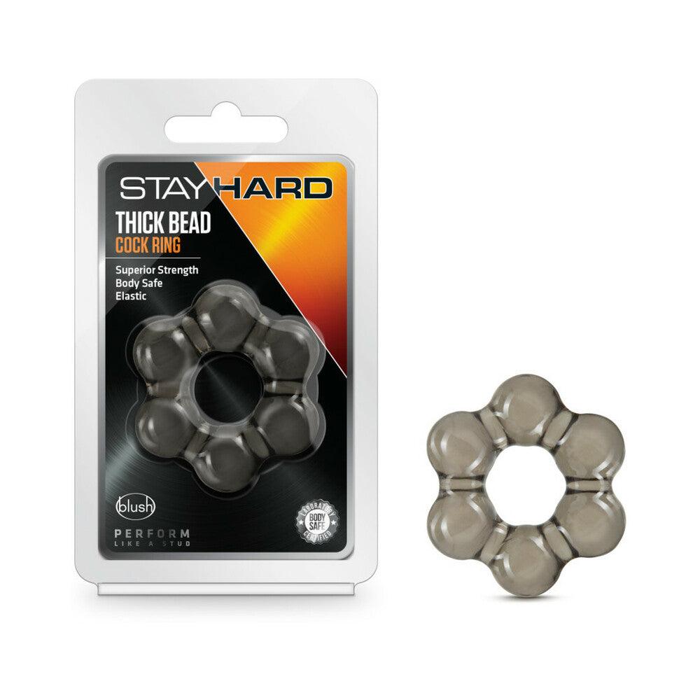Stay Hard Thick Bead Cockring in black TPE with bead texture for enhanced pleasure and comfort, packaged and unpackaged.