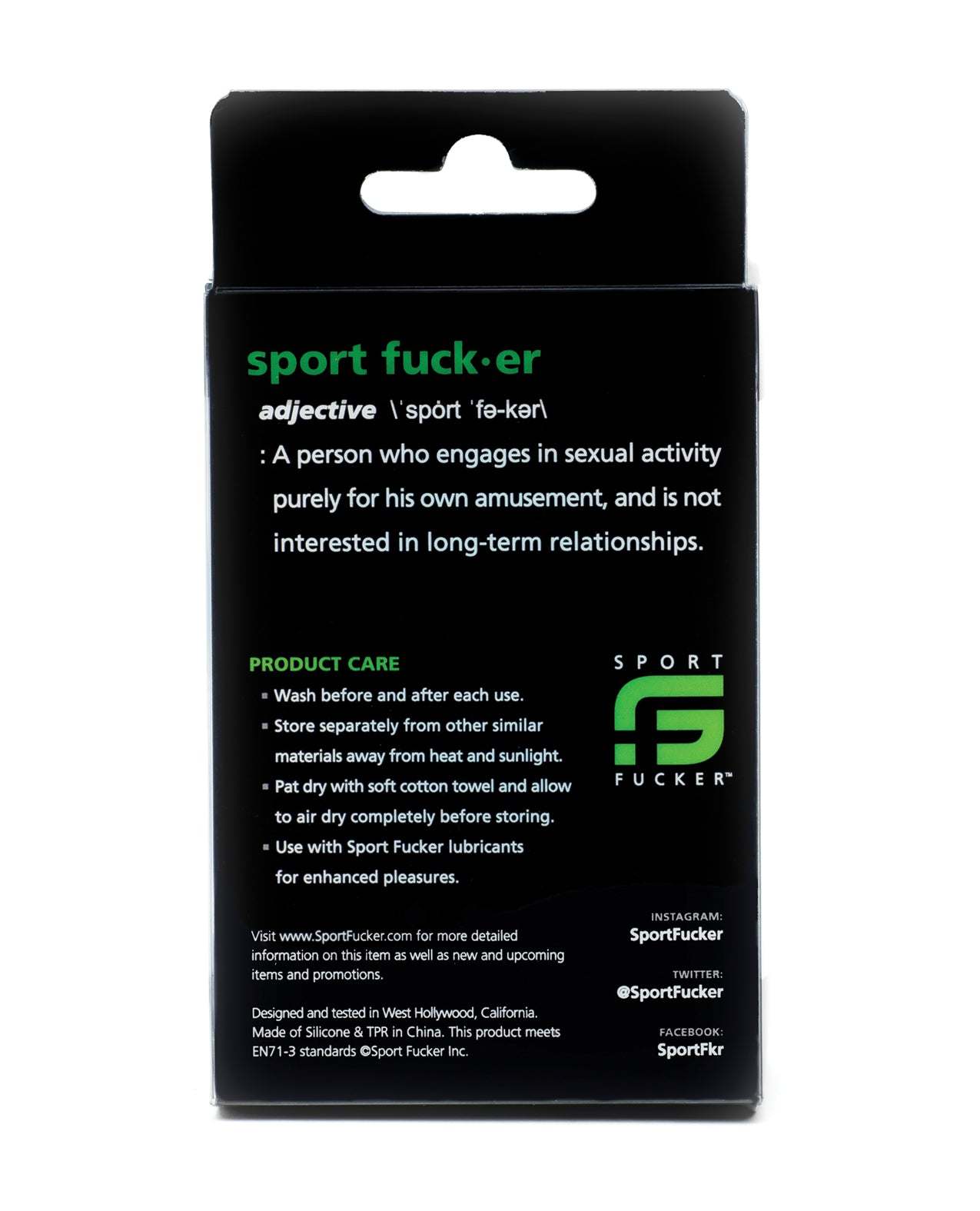 Sport Fucker Silicone Muscle Ball Stretcher packaging showing product care instructions and brand logo