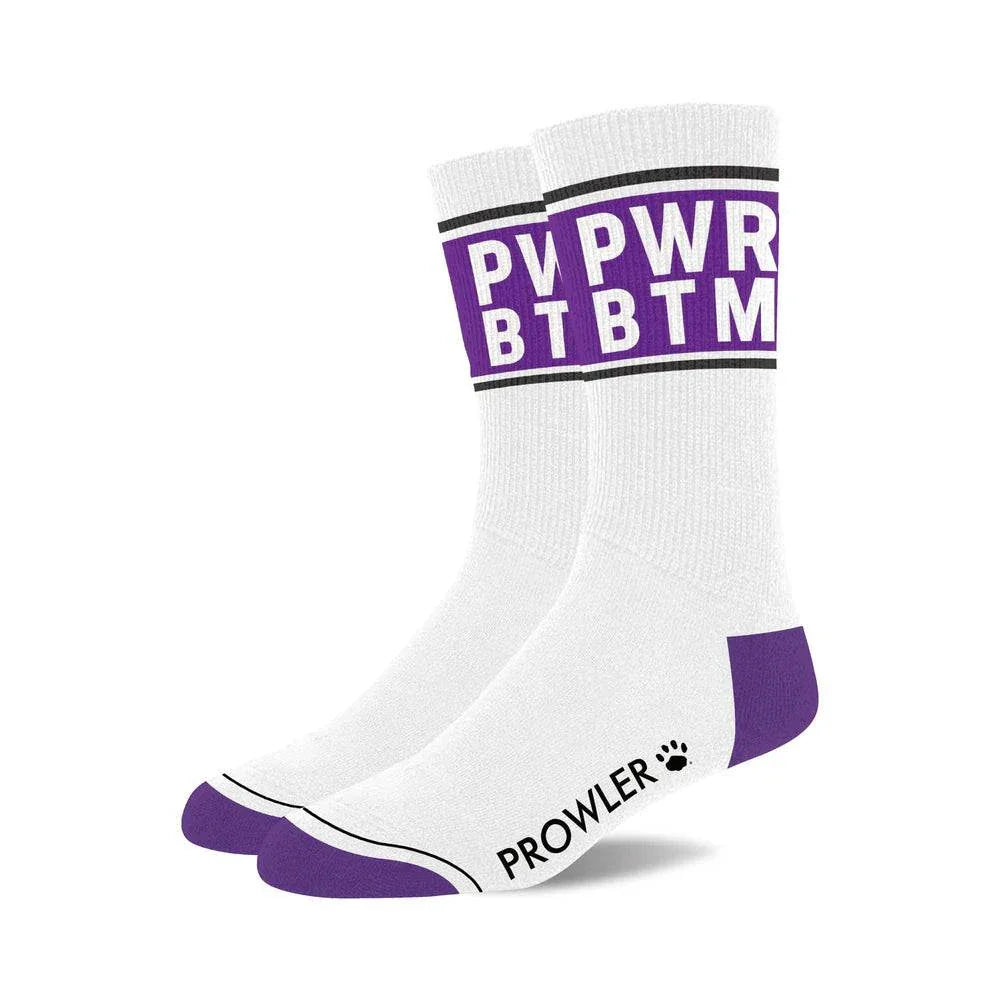 White Prowler Collection Premium themed socks with purple accents and bold lettering for vibrant self-expression and pride.