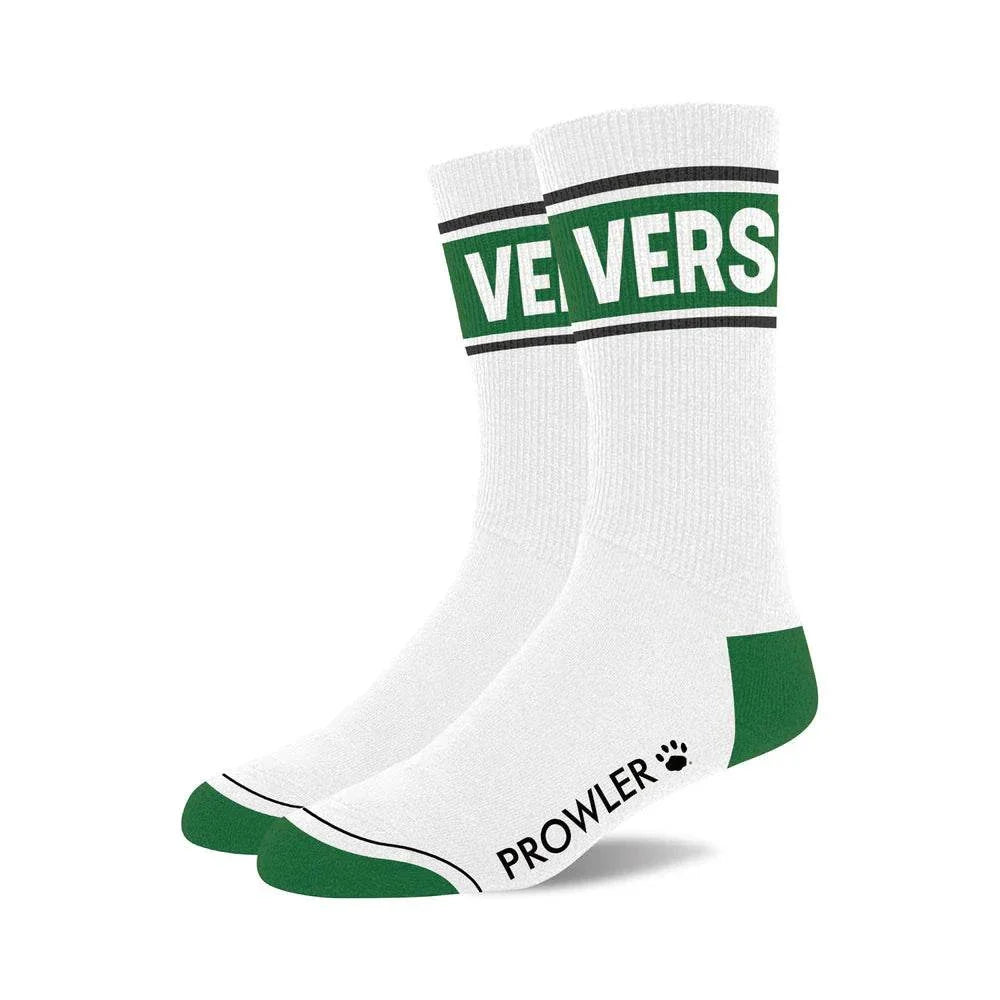White Prowler Collection Premium themed socks with green accents and bold lettering, featuring reinforced heels and toes.