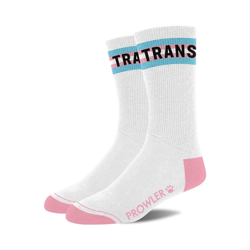 White Prowler Collection Premium themed socks with pink heels, toes, and "PROWLER" branding, featuring blue and pink stripes and bold "TRANS" text.