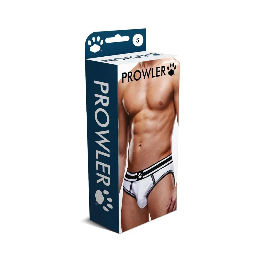 Prowler Open Brief packaging showing white and black open design men's brief on fit male torso