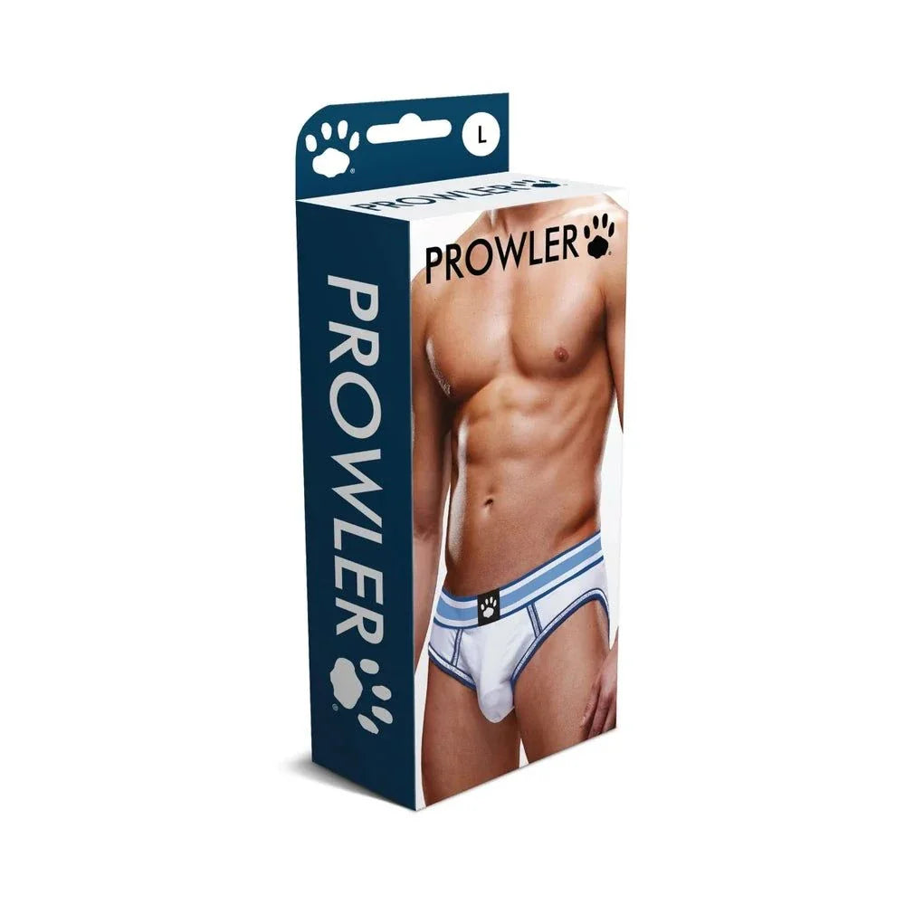 Prowler Open Brief in white and blue, size L, men's breathable underwear with elastic waistband and minimal coverage design.