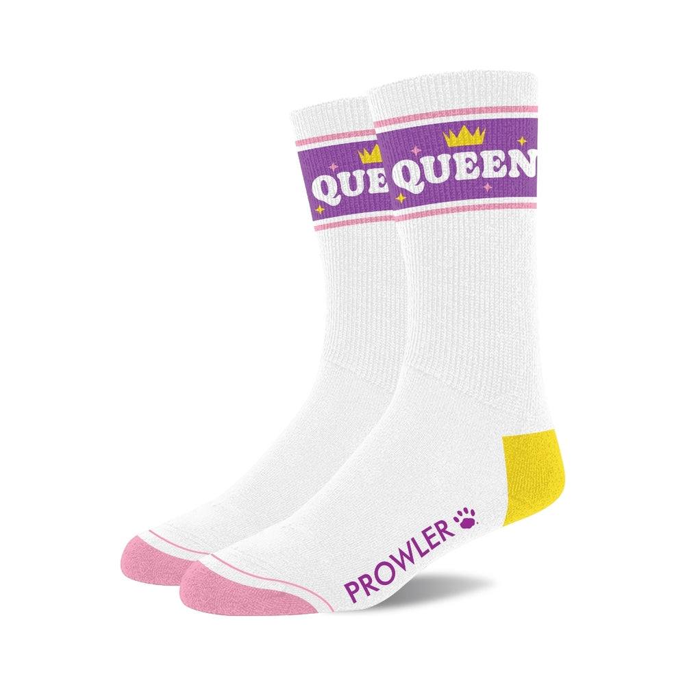 White Prowler Collection Premium themed socks with purple "QUEEN" lettering, yellow heel, and pink toe accents