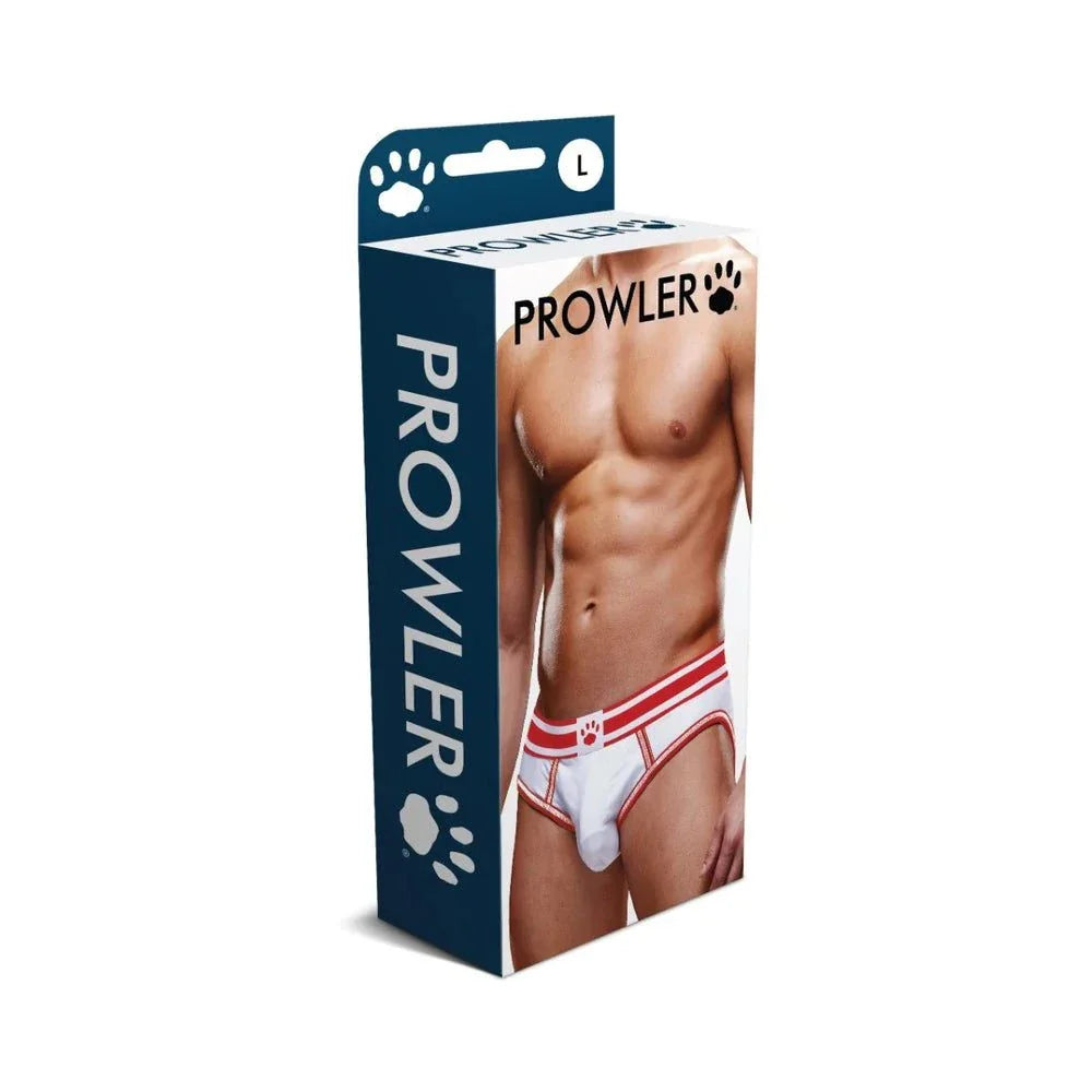 Packaging of Prowler Open Brief in white and red, size large, featuring a muscular male torso model wearing the briefs.