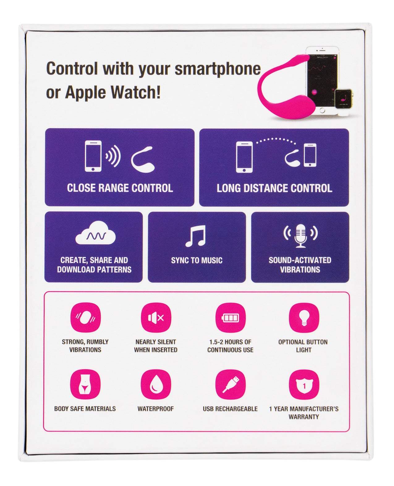 Lovense Lush 2.0 pink Bluetooth remote control vibrator with app and Apple Watch compatibility, sound-activated, music sync, waterproof, USB rechargeable, silent operation, and long-distance control.