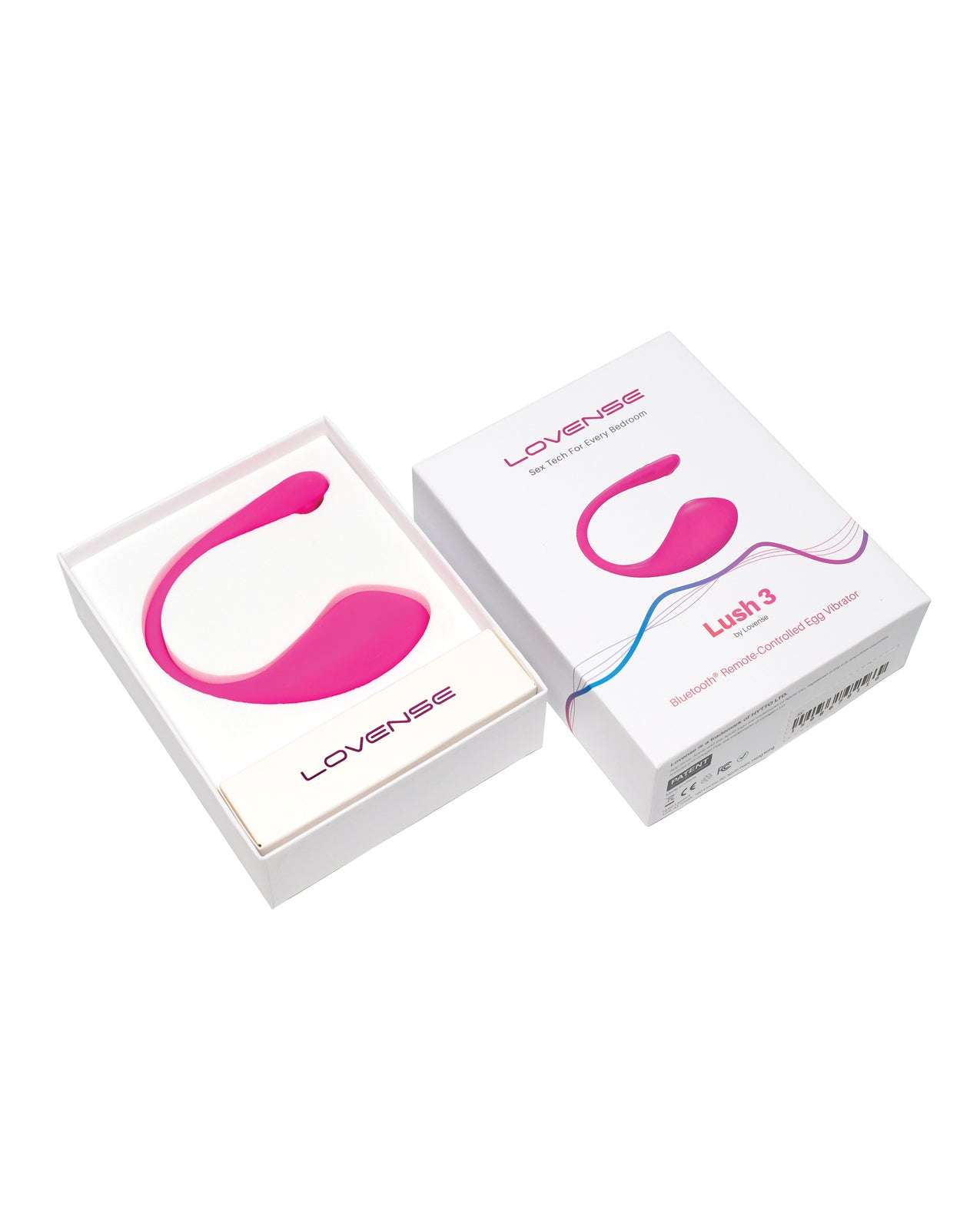 Pink Lovense Lush 3.0 sound-activated camming vibrator with wireless app control displayed beside its packaging box