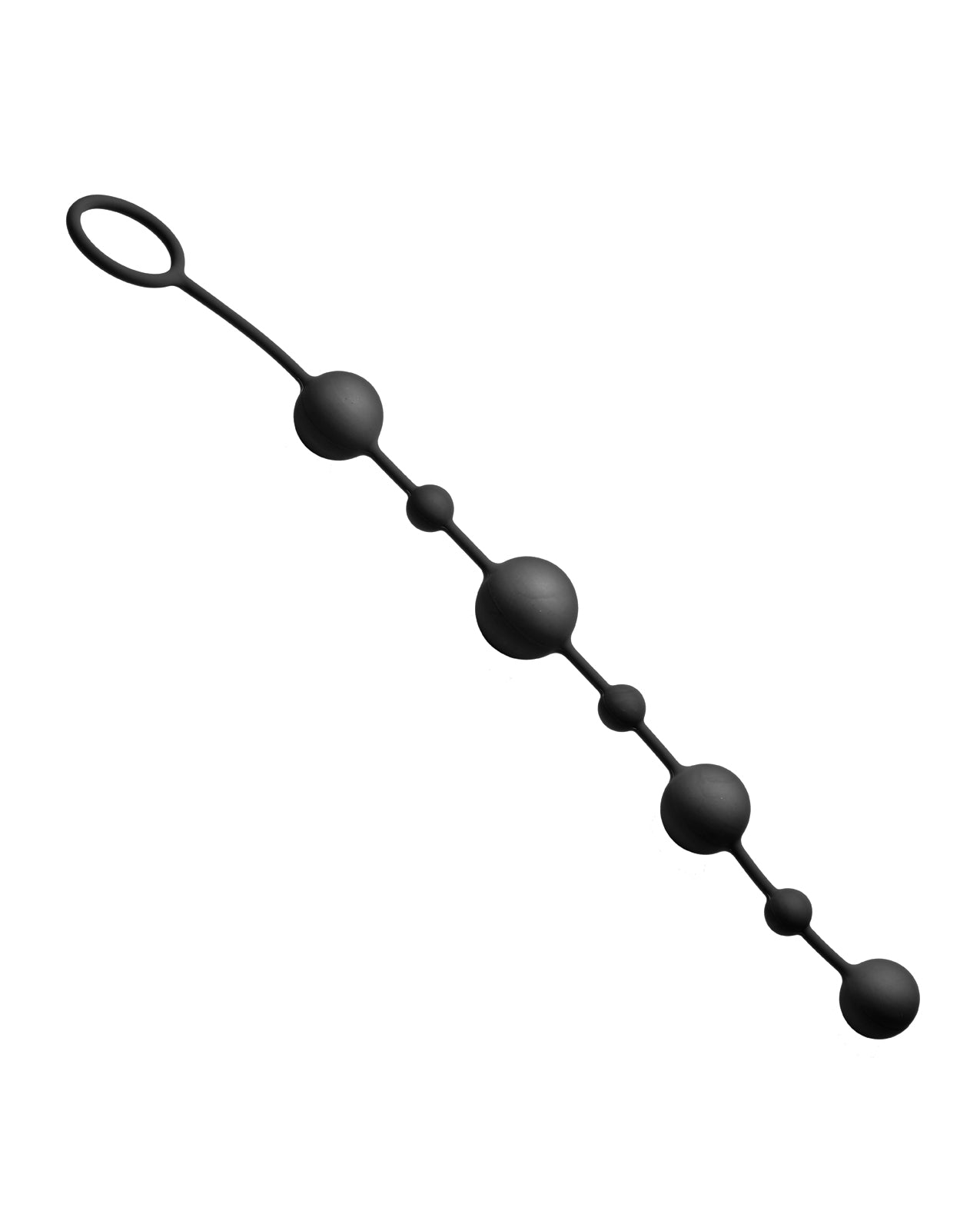 GreyGasms Linger black graduated silicone anal beads with retrieval loop, smooth and durable design.