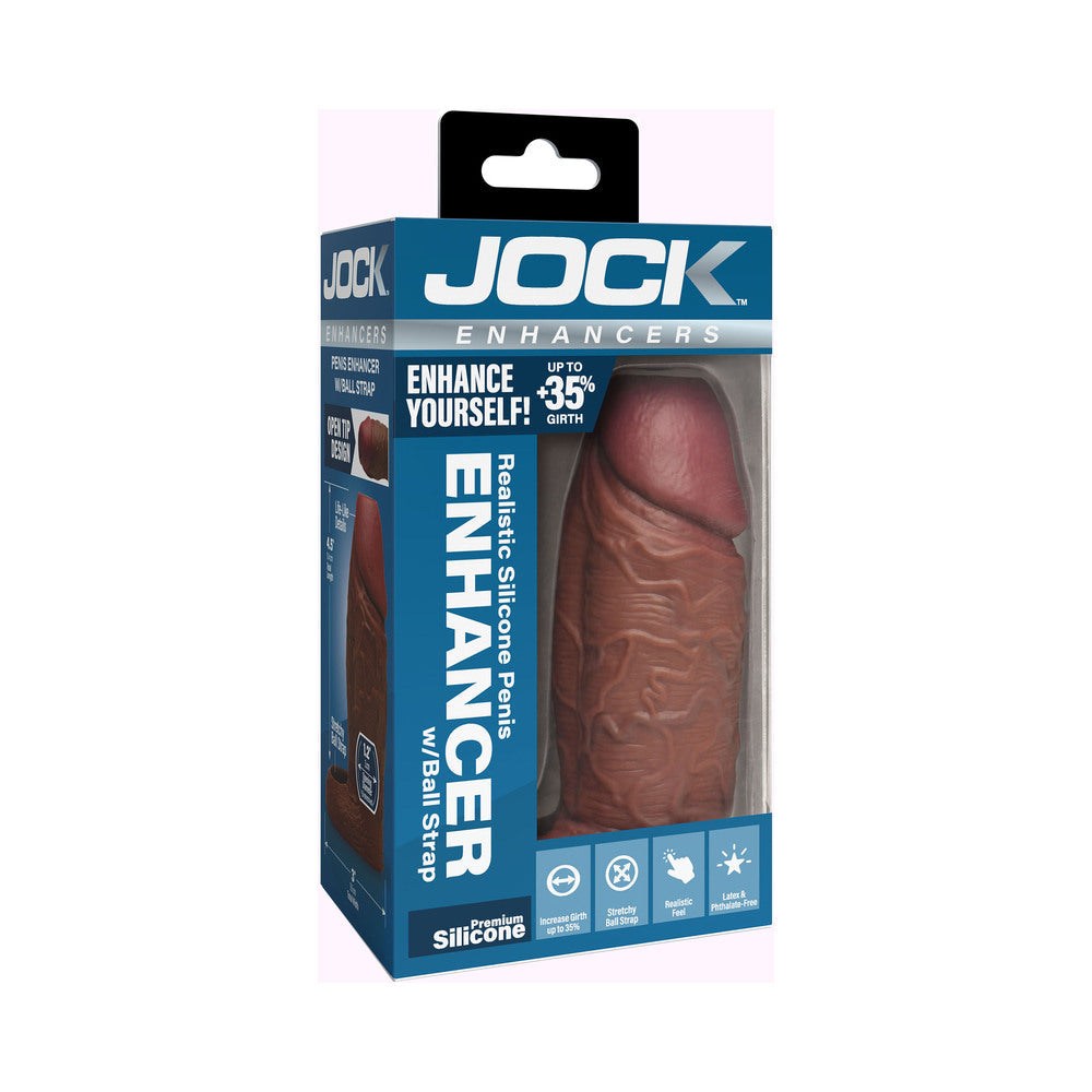 JOCK Silicone Penis Extension Sleeve Dark in packaging showing realistic silicone enhancer with ball strap and open tip design.