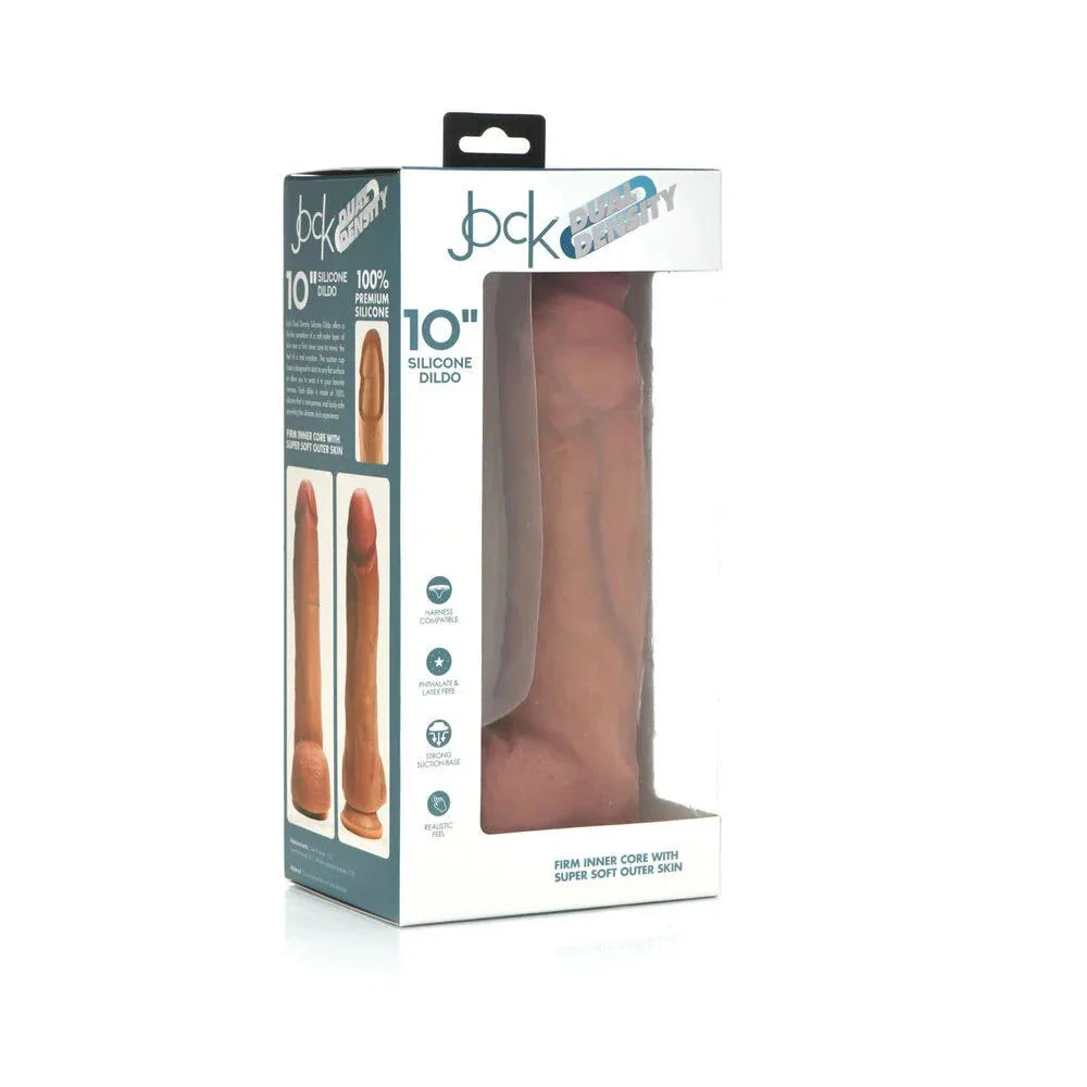 Curve Toys Jock Dual Density 10-inch realistic silicone dildo with suction cup and balls in retail packaging