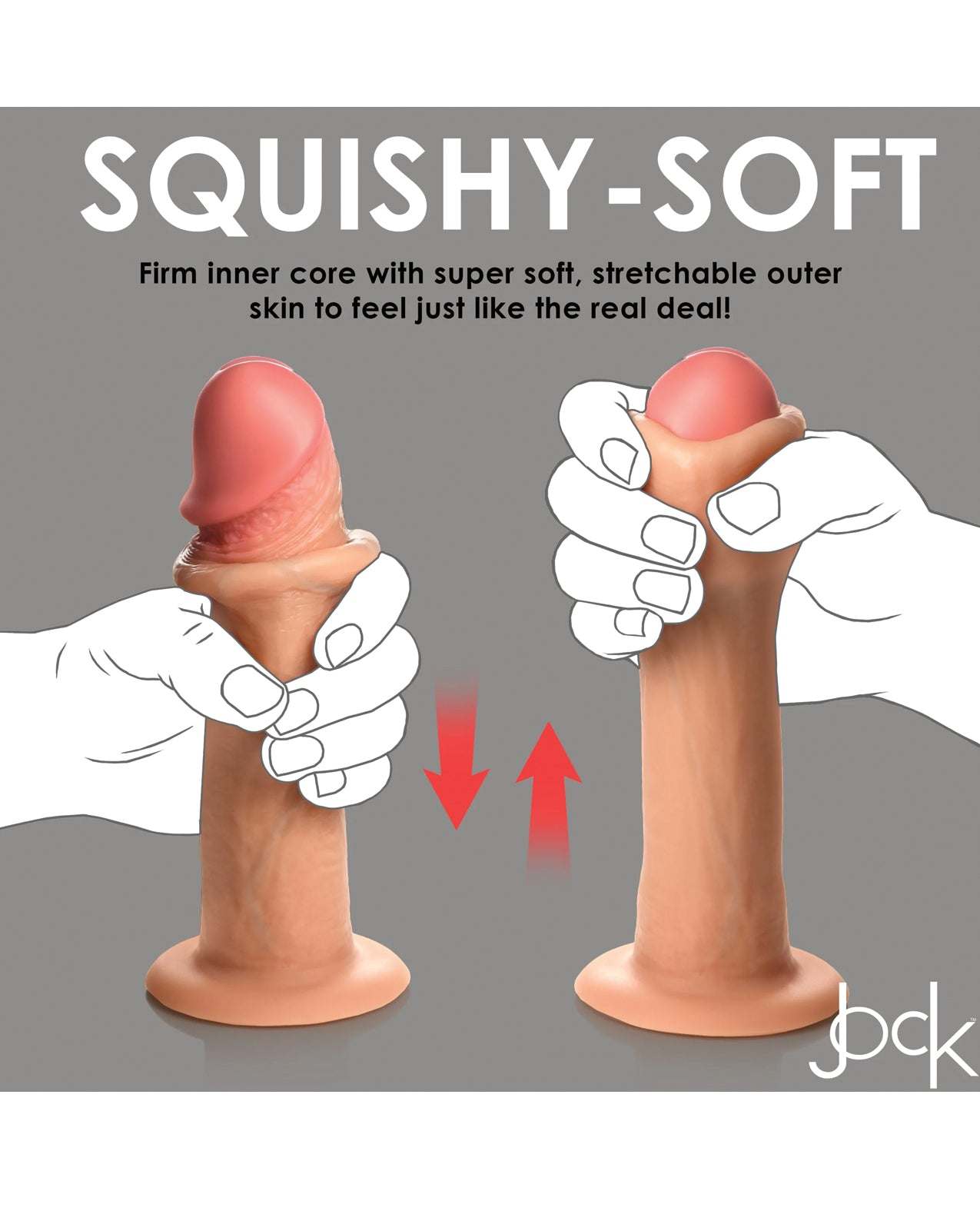Curve Toys Jock realistic 8-inch silicone dildo with stretchable skin and firm core, suction cup base for hands-free use.