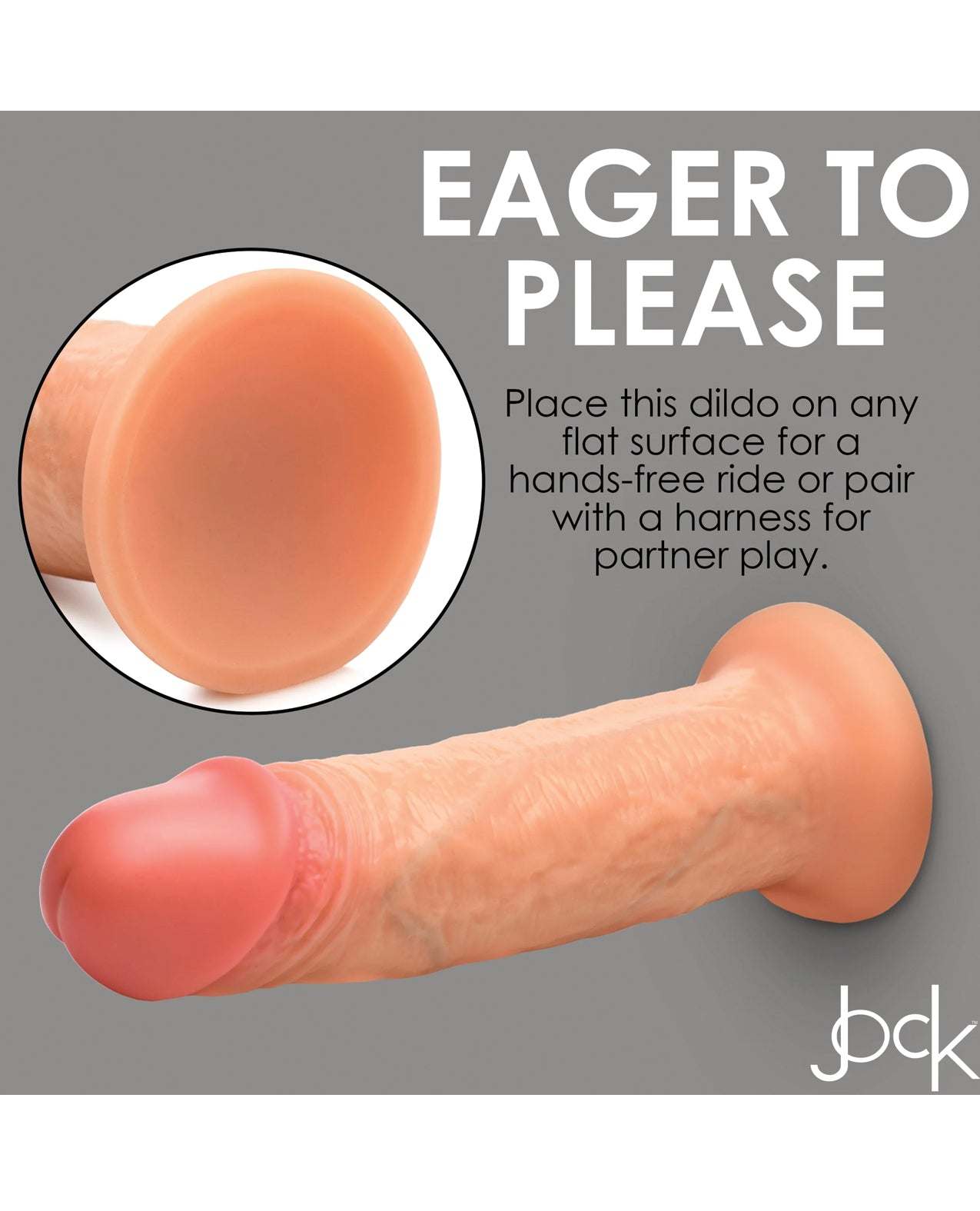 Curve Toys Jock realistic 8-inch silicone dildo with suction cup base for hands-free use and harness compatibility.